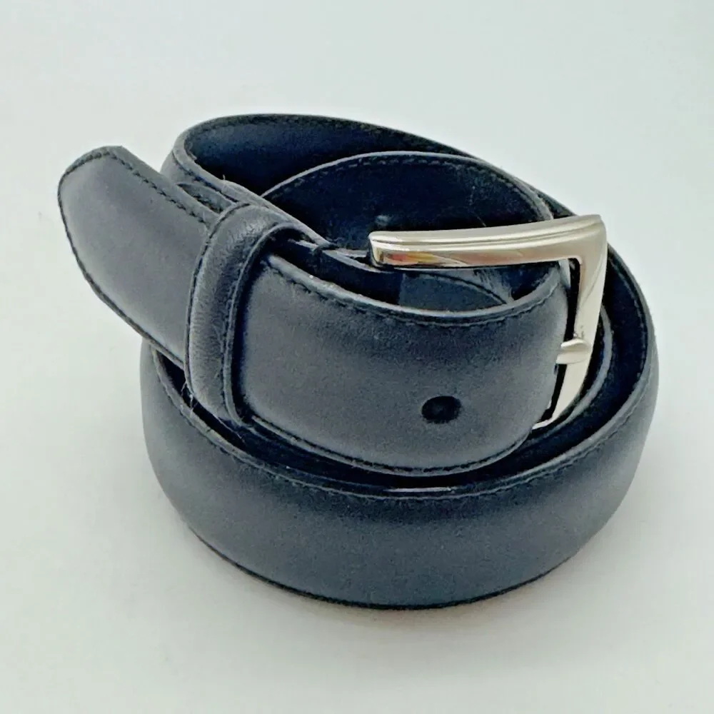 Polo Ralph Lauren Black Italian Leather Belt Men's 38 Silver Buckle & Logo FLAW